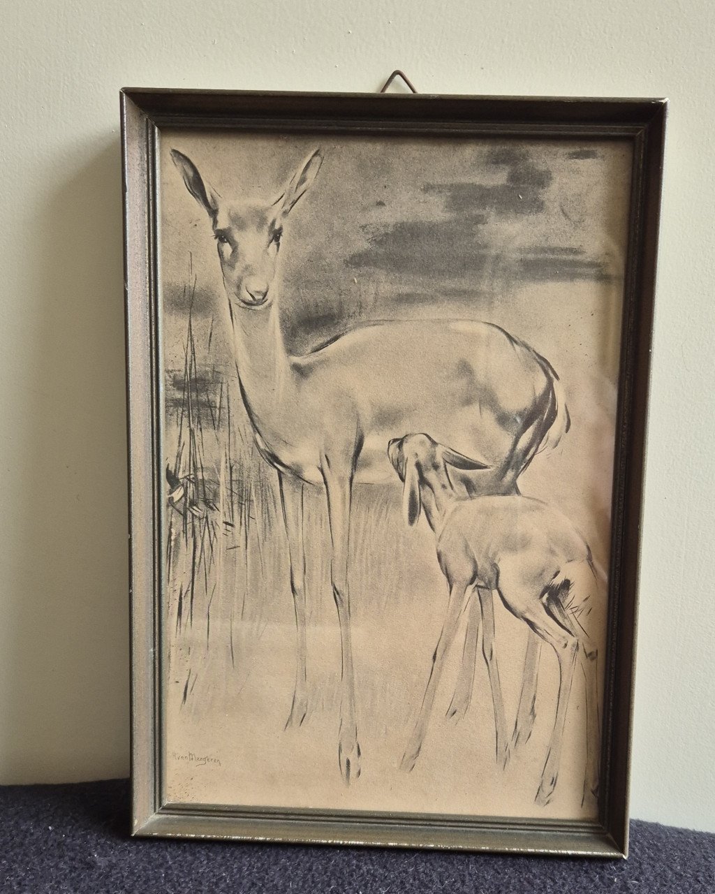 Vintage schilderij met afbeelding hert met jong  Door Han van Meegeren