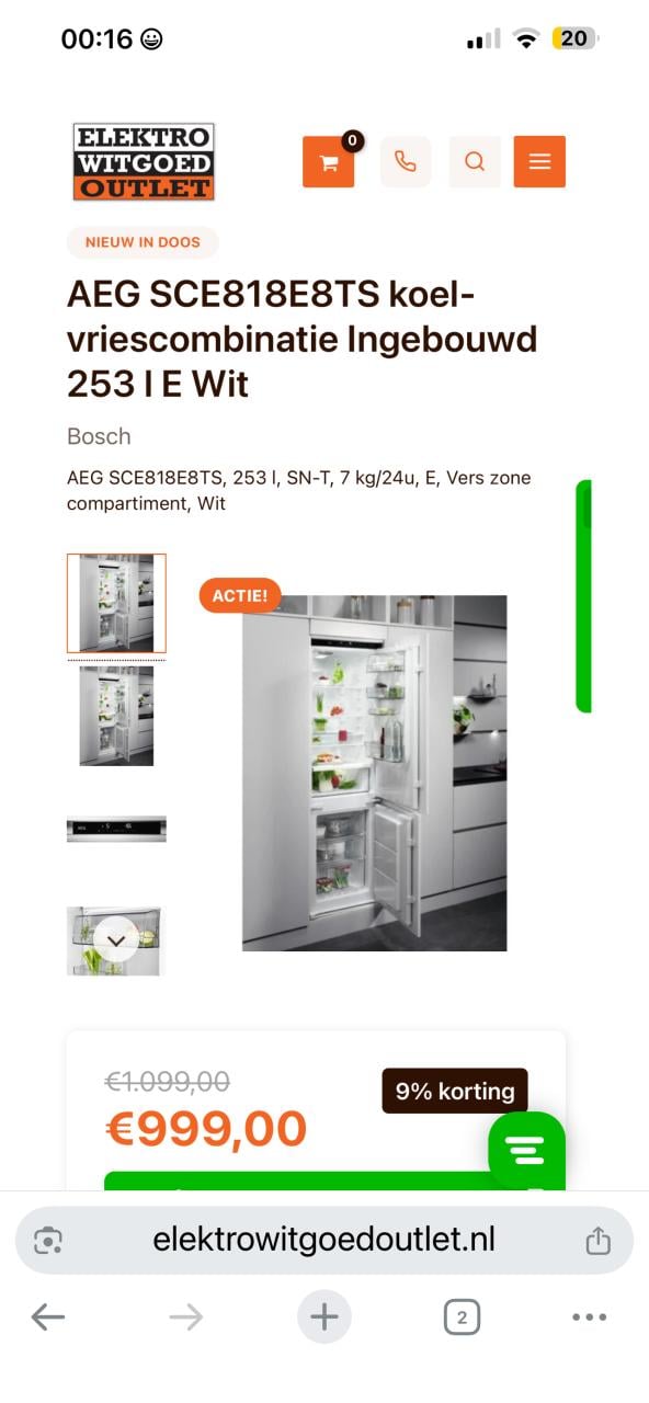 AEG SCE818E3LC inbouw koel vries-combinatie 177x55 cm.