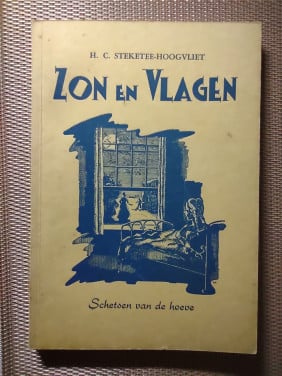 Zon en vlagen. Schetsen van de hoeve.  Van H C. Steketee- Hoogvliet. 1949