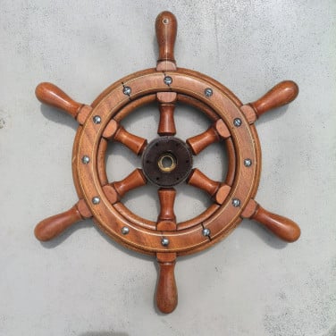 Klassiek scheepsroer mahonie + stuurmechaniek – ca. 1960
