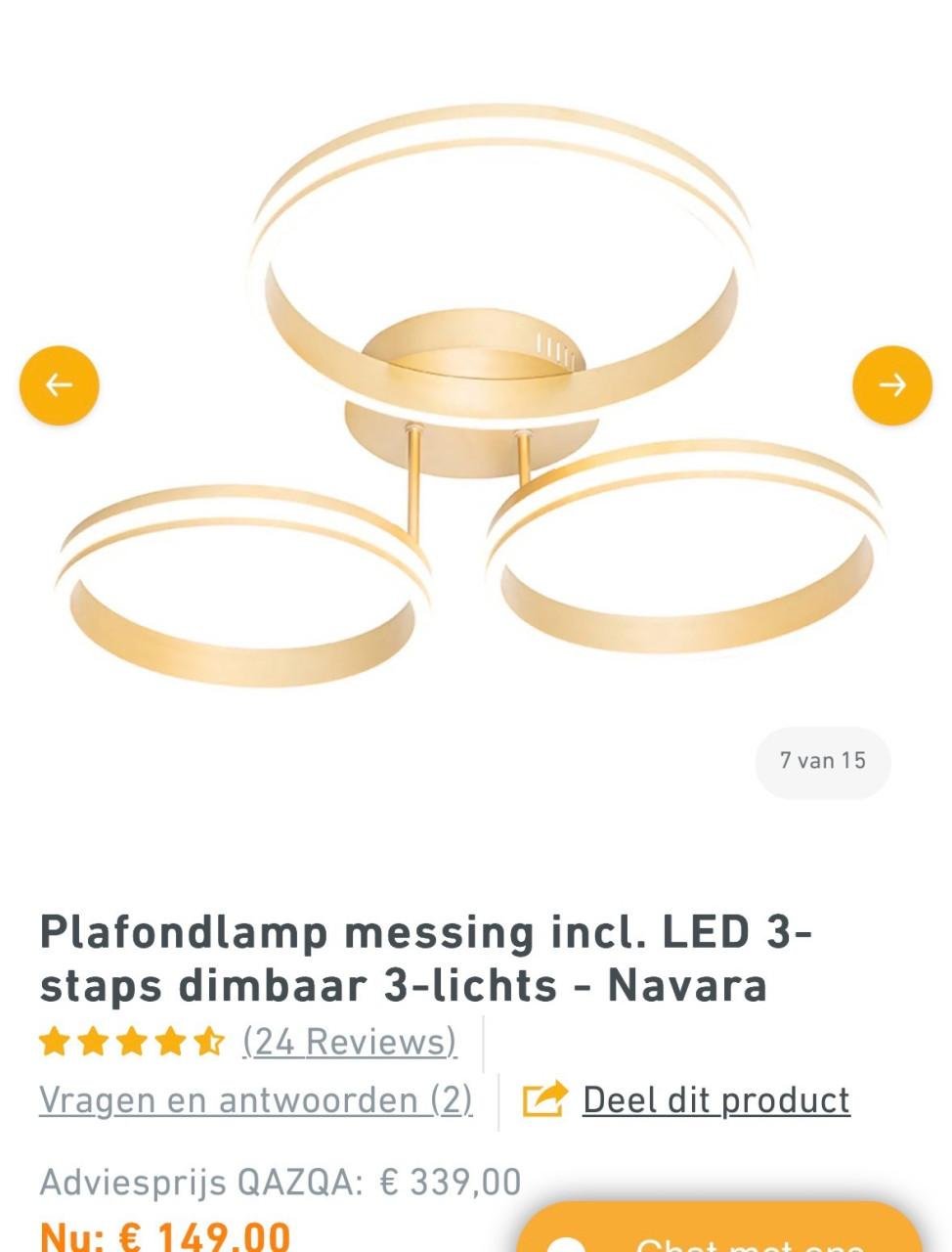 Plafondlamp messing Led 3 staps dimbaar