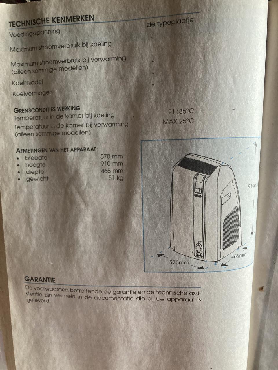 Delonghi PAC W110 3.2KW mobiele airco met afstandsbediening en afvoerslang