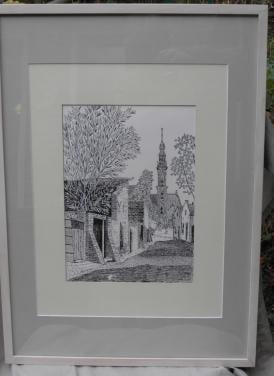 Pentekening veere, ingelijst plus passepartout
