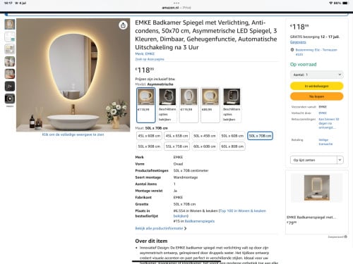 LED Spiegel asymmetrisch randloos met 2 lichtfuncties en anticondend