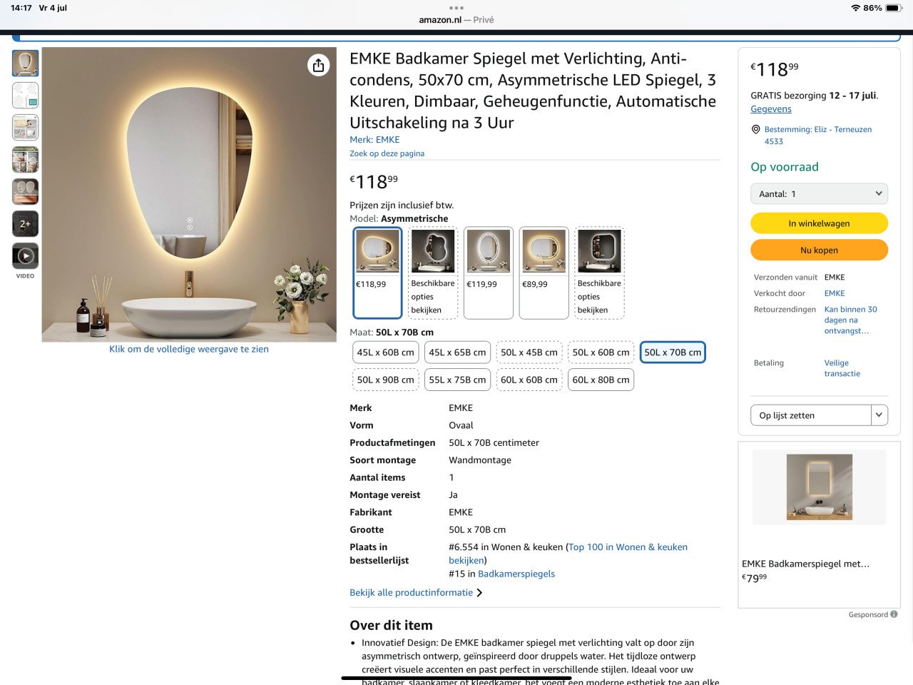 LED Spiegel asymmetrisch randloos met 2 lichtfuncties en anticondend
