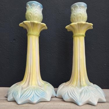 Stel art Nouveau barbotine kandelaars van Bordallo Pinheiro