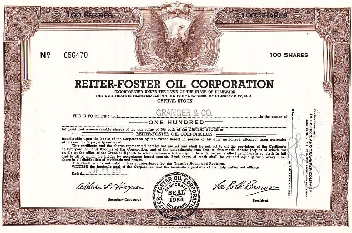 Oud Aandeel Reiter-Foster Oil Corporation 1955