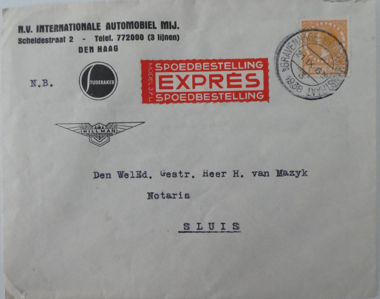 Envelop, 1938 Int Automobiel Mij. Studebaker, Hillman