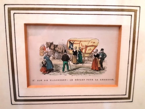 Walcheren klederdracht kermis: Ingekleurde houtgravure 1881