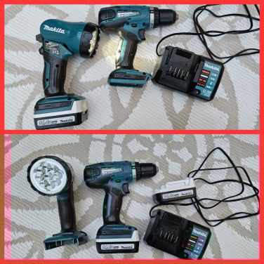 Makita 14.4V set – boormachine + lamp + 2 accu’s + lader