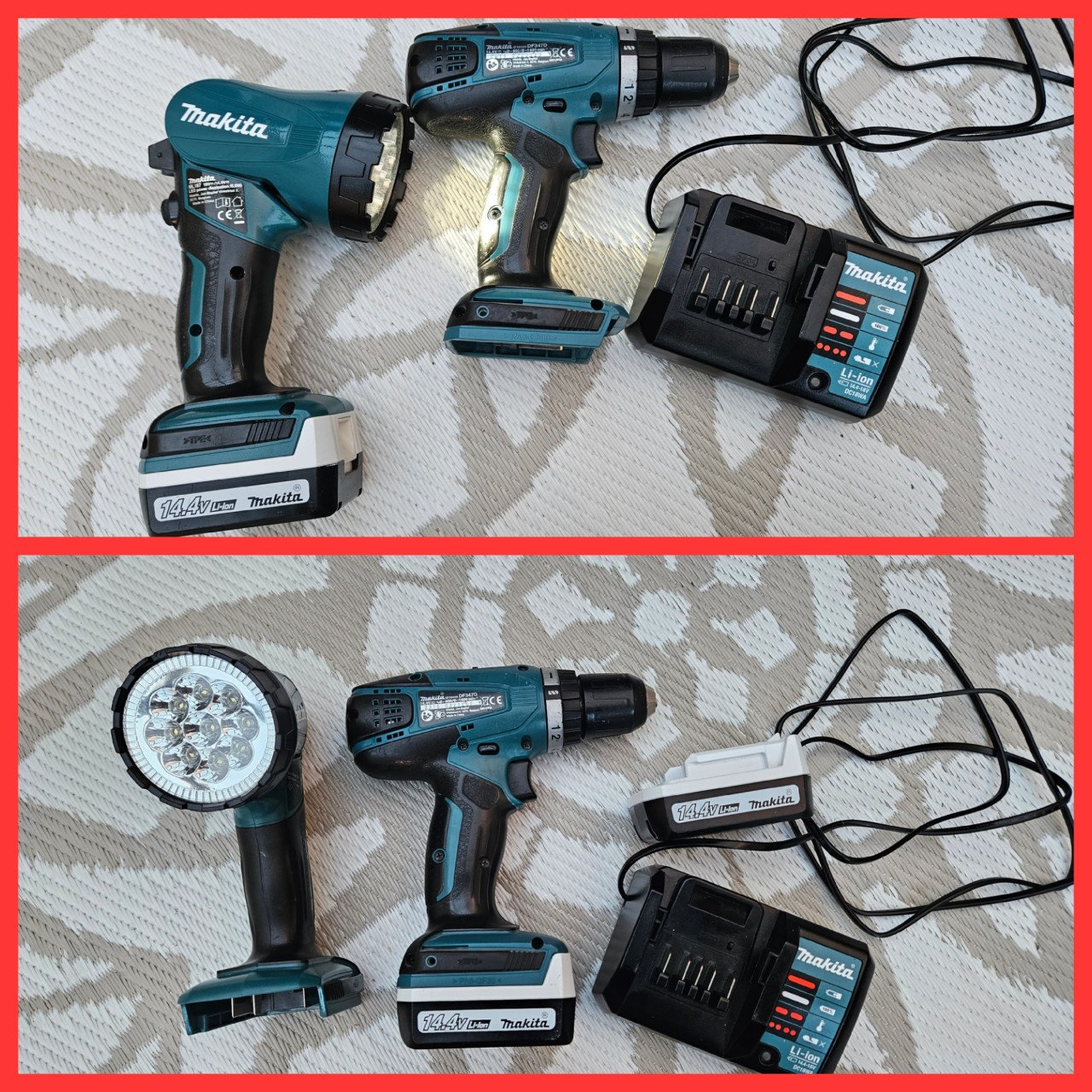 Makita 14.4V set – boormachine + lamp + 2 accu’s + lader