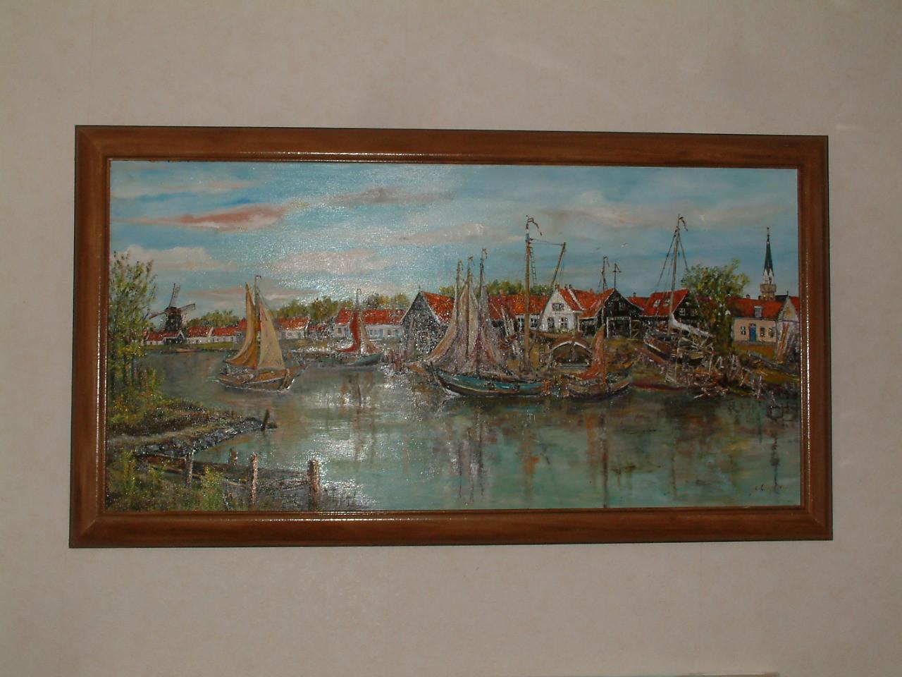 Haven en Werf van oud Arnemuiden in Olieverf op doek 120 x 60 cm