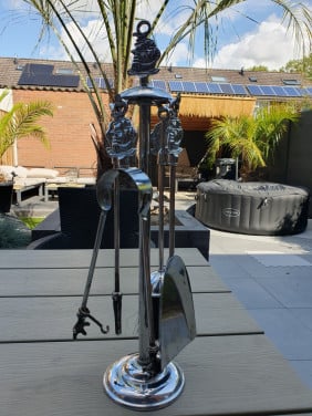 Prachtig chroom openhaard stel 5 delig met schip verzieringen...