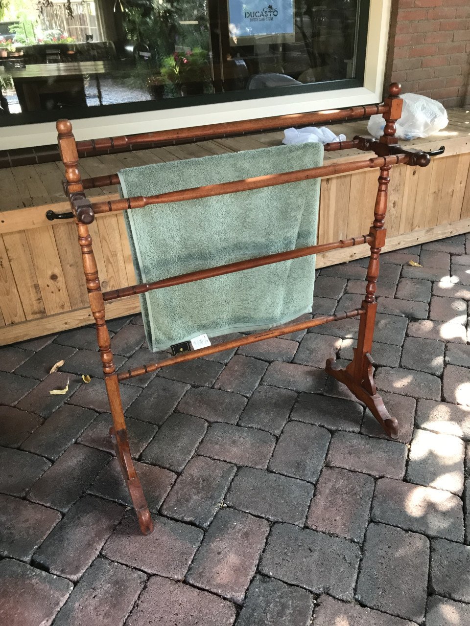 Oud brocante houten droogrek/handdoekenrek