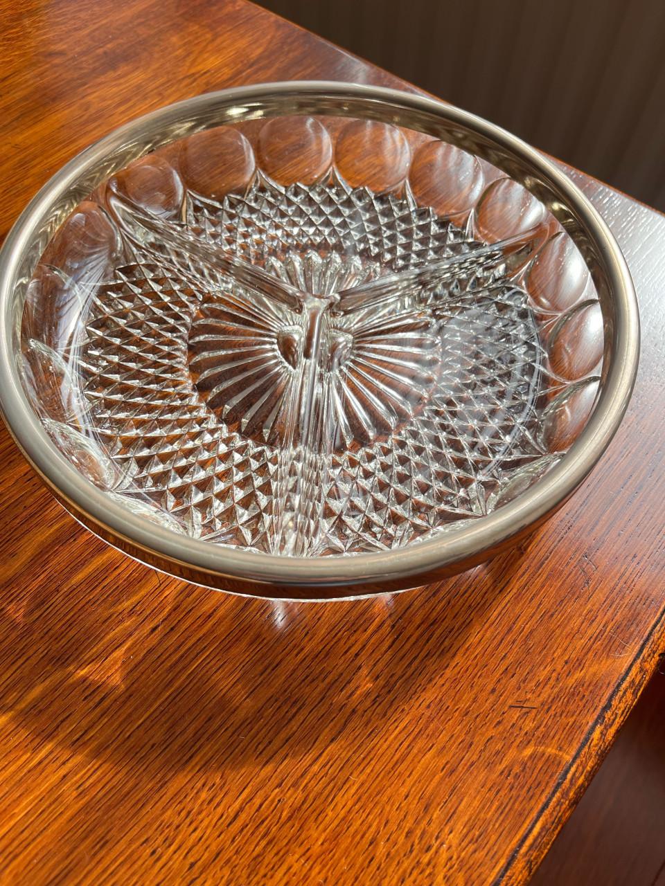 Vintage design glazen schaal met zilveren rand