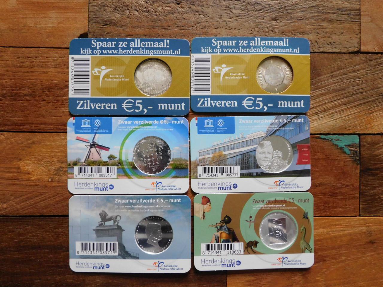 6 herdenkings €5 munten (ver)zilver(d)