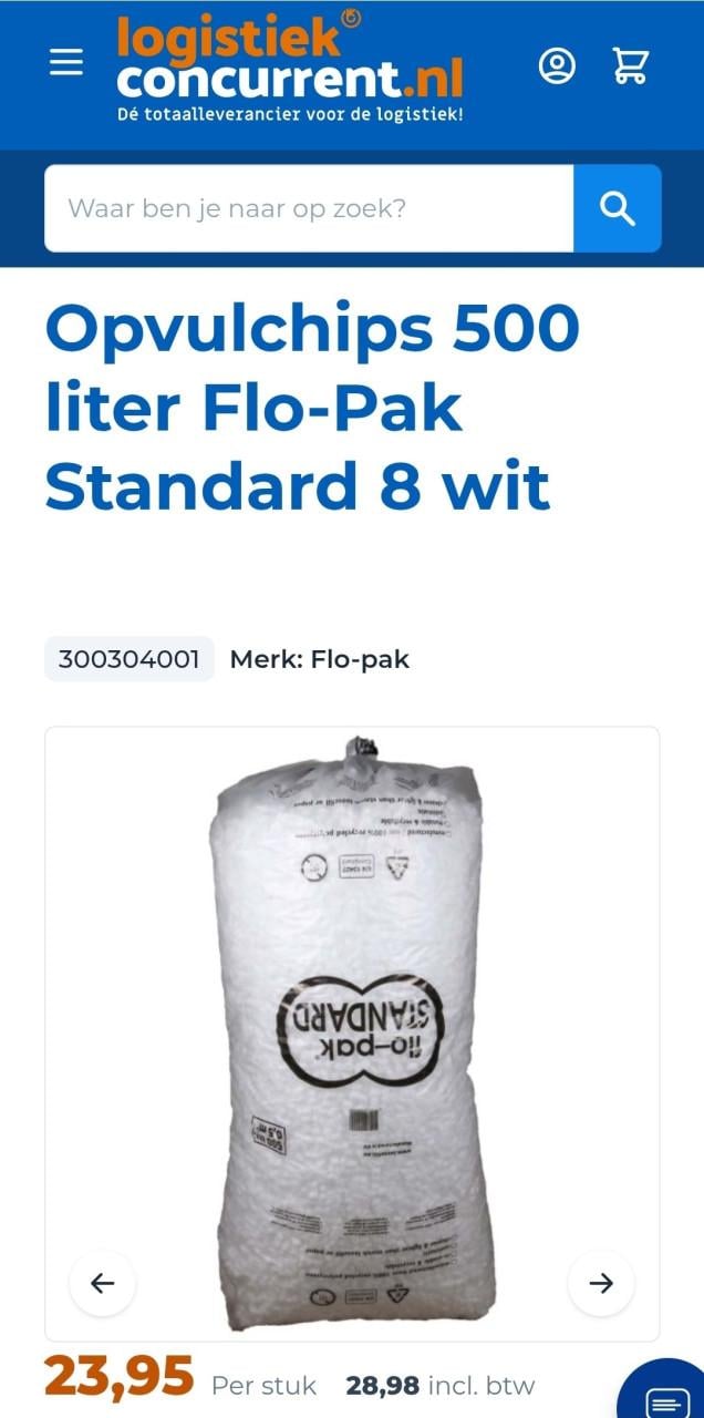 Zak piepschuim vulchips 500 Liter voor verpakking in pakketten of dozen.