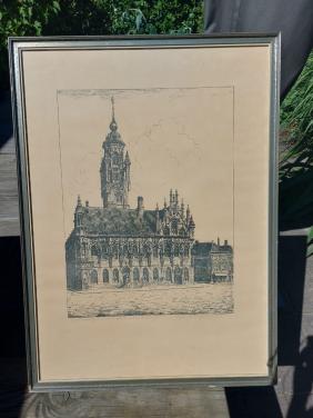 Mooie ingelijste prent van het stadhuis in Middelburg (50 cm x 68 cm)