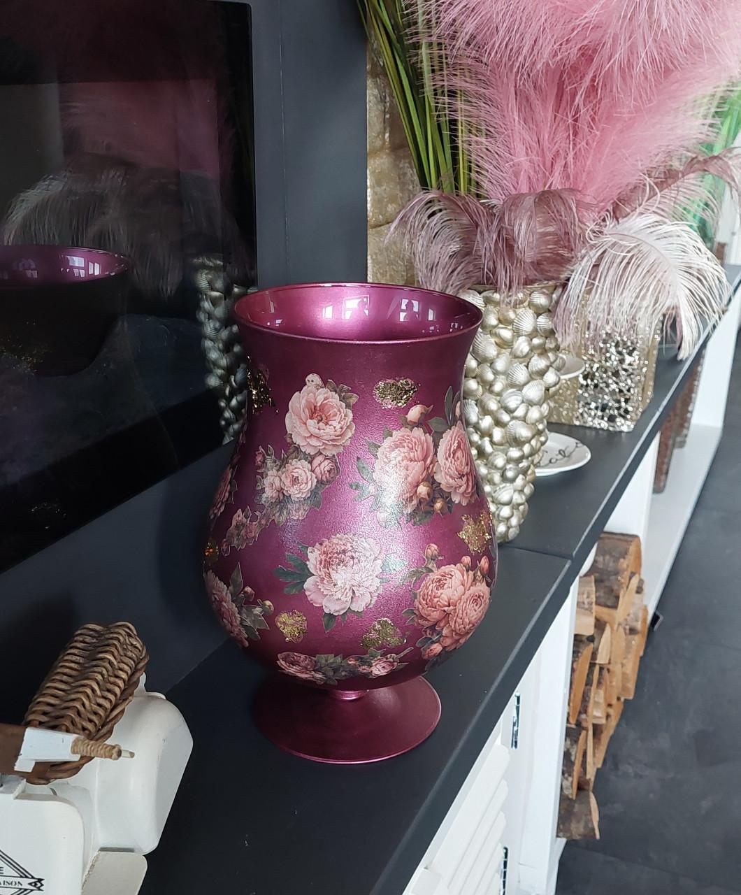 Nw Decoupage Romantische bloemen vaas