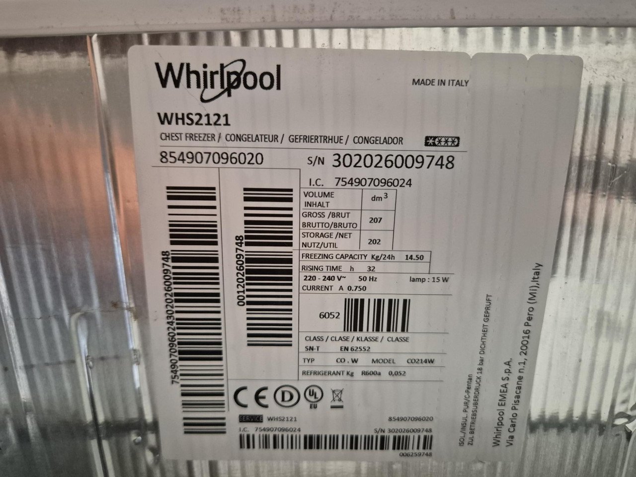 Whirlpool vriezer WHS 2121