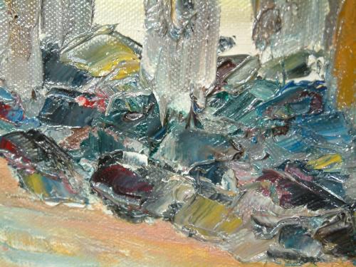 Strand met basalt -zeepokken 100 x 80  schilderijen  Jac Caljouw Arnemuiden