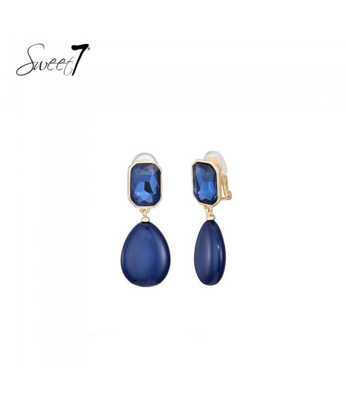 Blauwe oorclips met een glas steen, druppelvormige hanger
