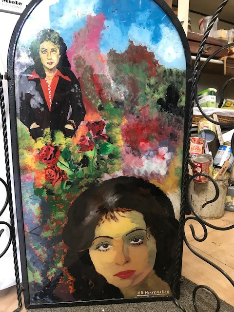 Te koop; glas schilderij kunst Vicky Leandros  haardscherm vintage retro