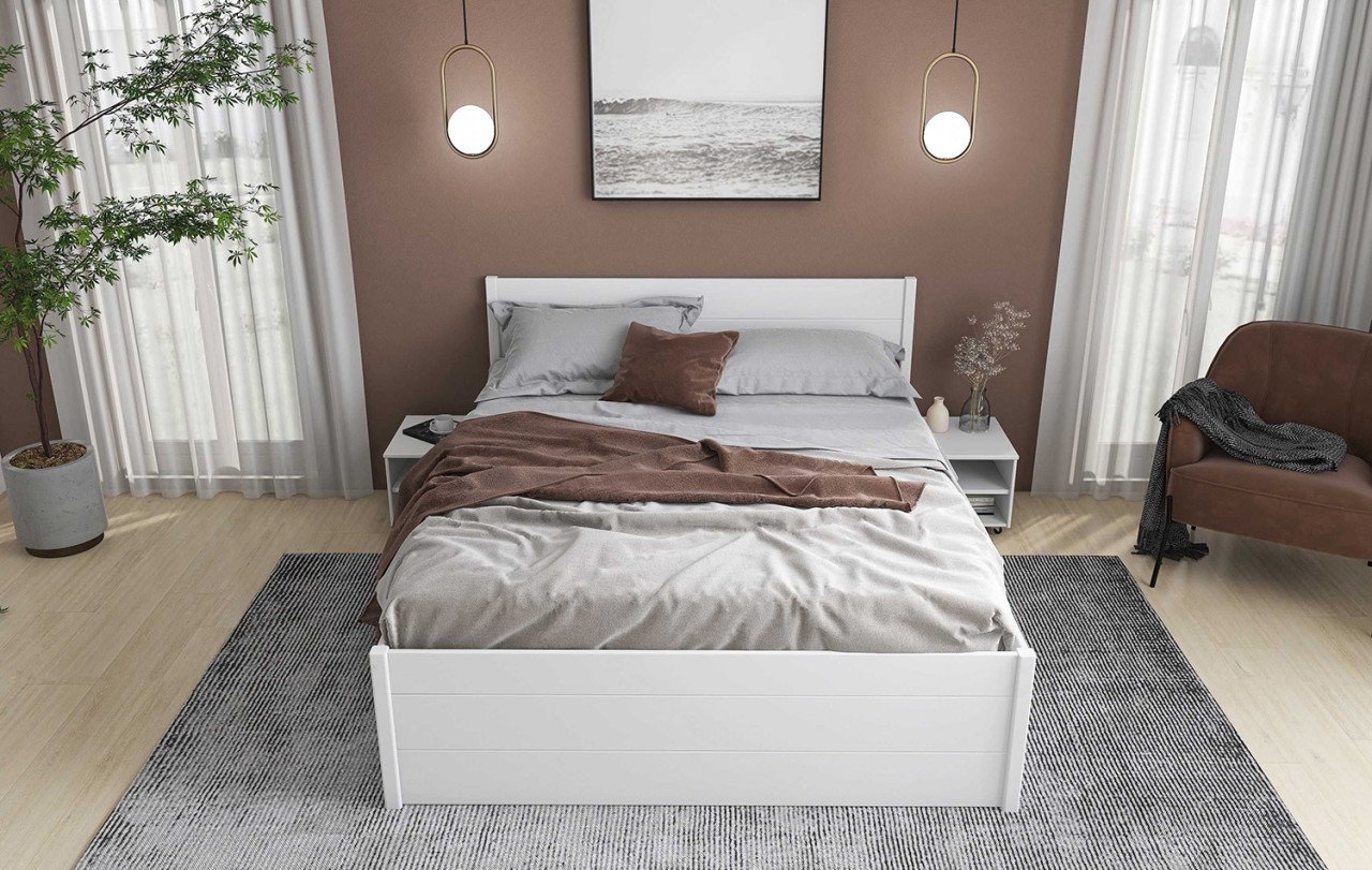 Tweepersoons massief grenen bed in Wit. 140, 160 of 180