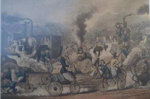 19e E. Engelse gravure:The progress of motor car 1828 Alken