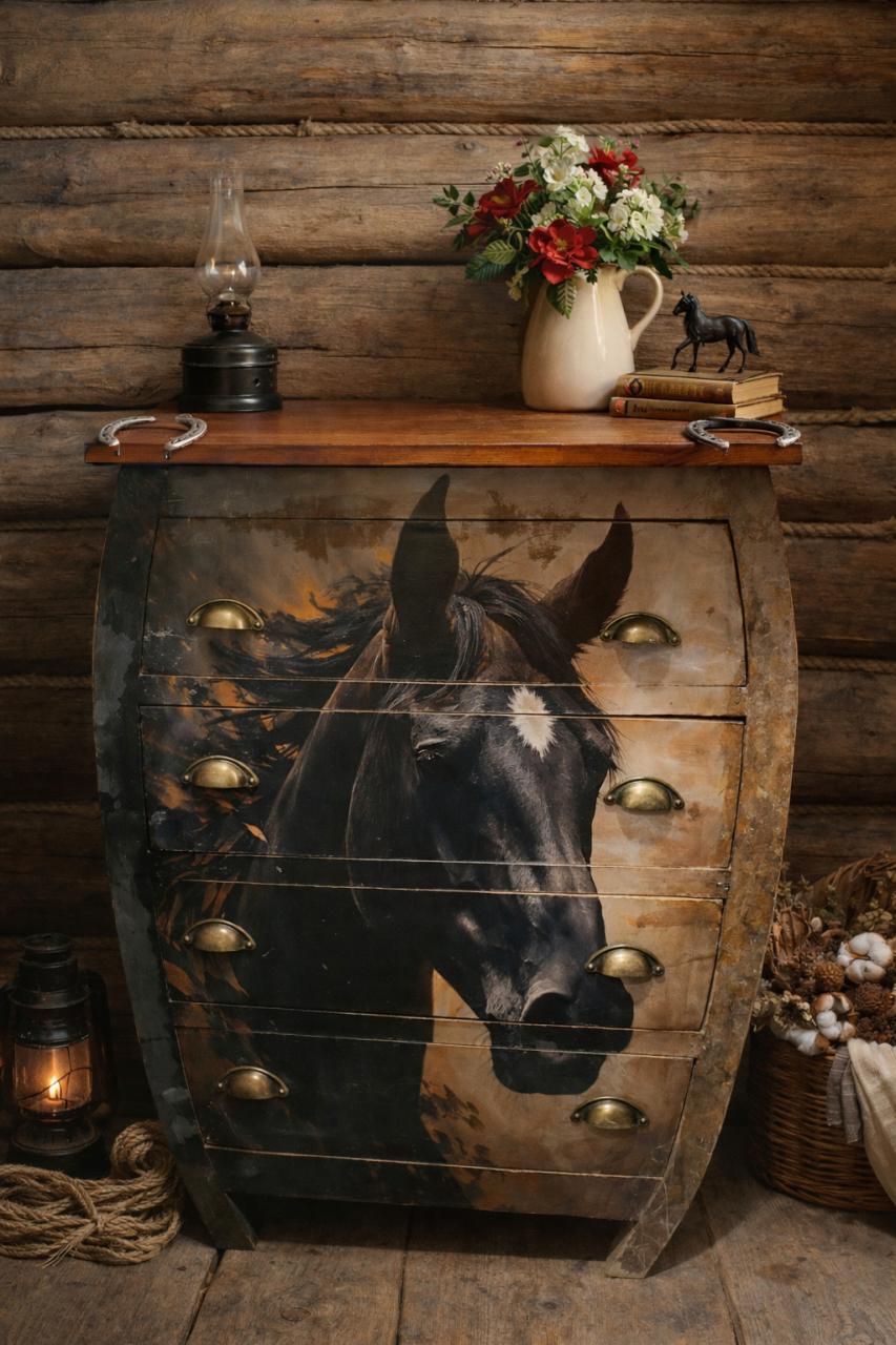 Unieke ladekast met paarden decoupage