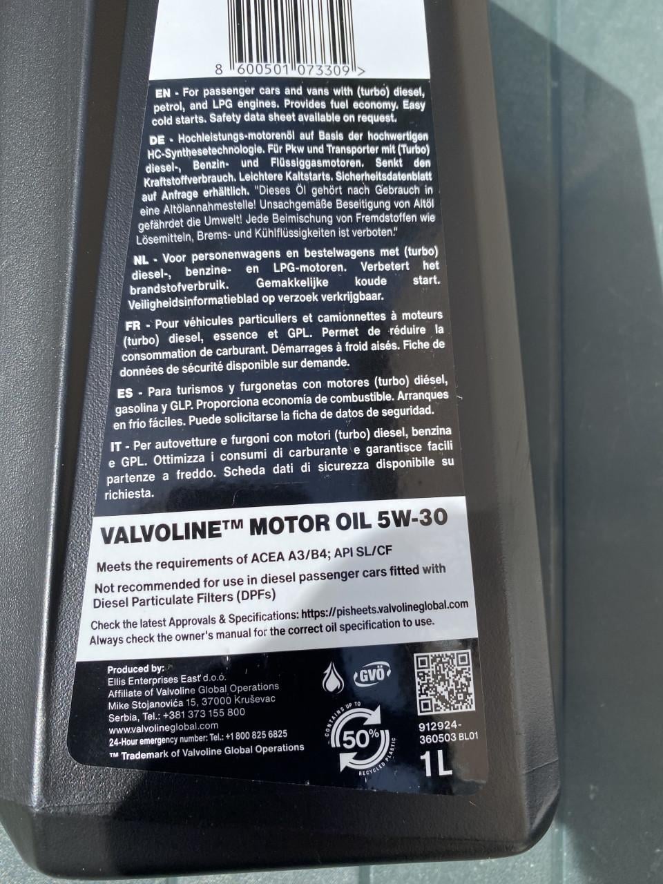 Valvoline 5-W-30 synthetische motor olie