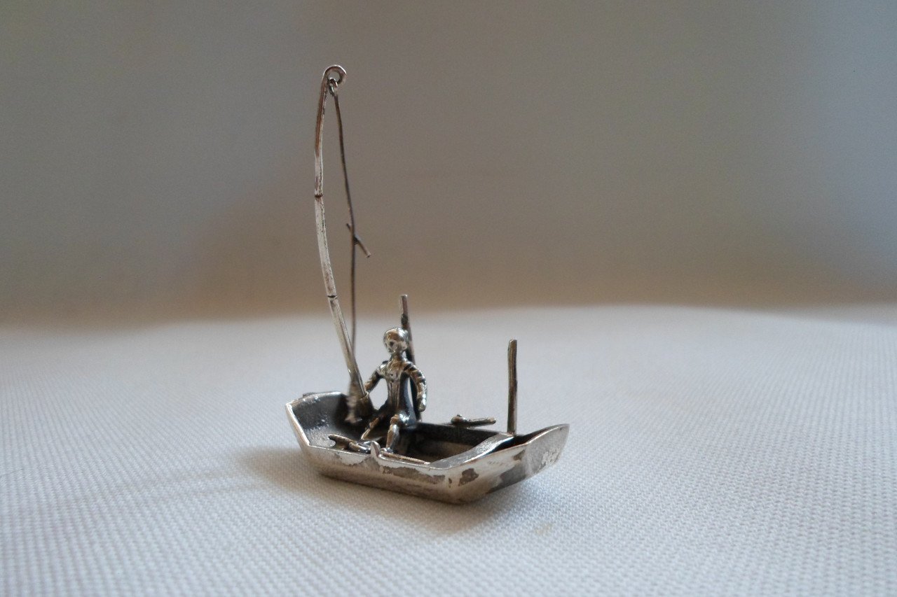 Zilver Miniatuur Visser Boot Hengel