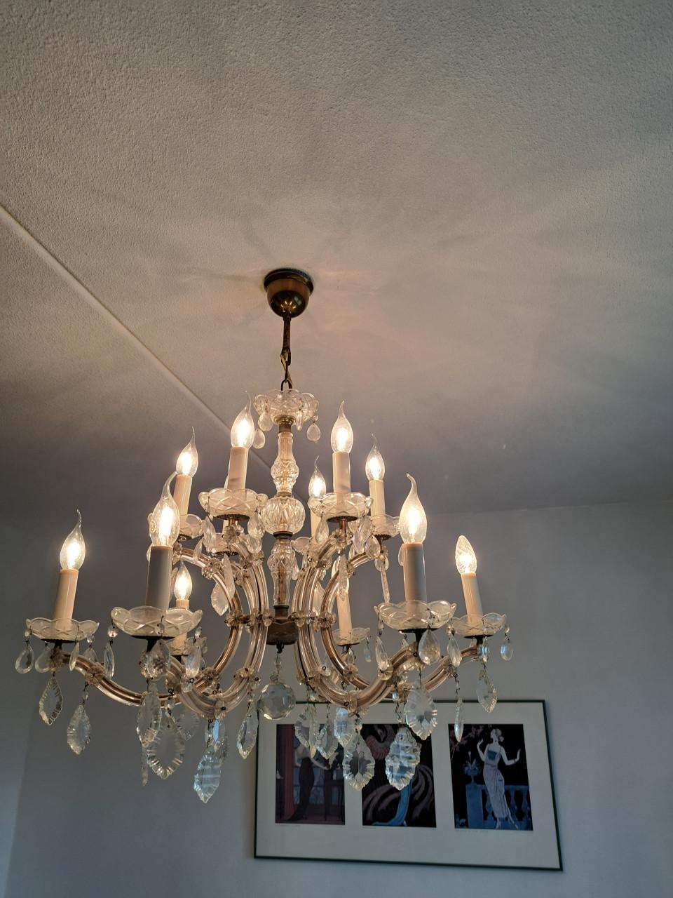 Glazen kroonluchter met 12 lampjes uit de jaren vijftig