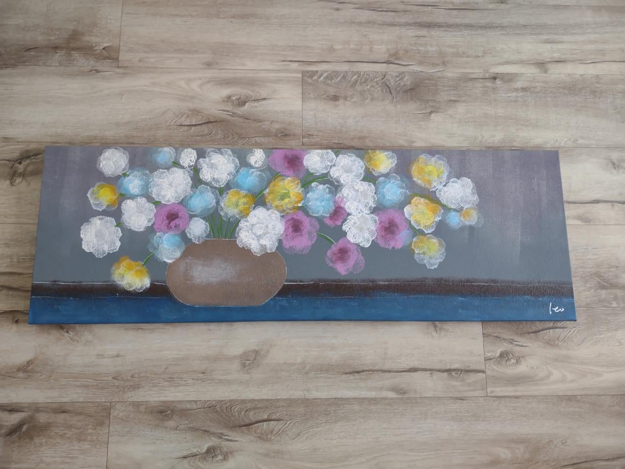 Prachtig groot blauw canvas schilderij met bloemen IKEA.
