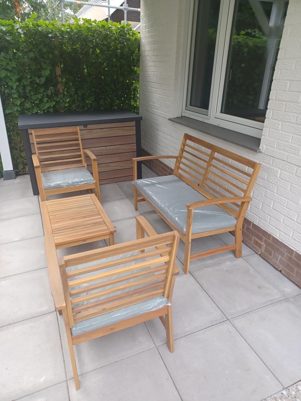 Lounge set met zitkussens, acaciahout 2zit+ 2x 1zit + tafeltje