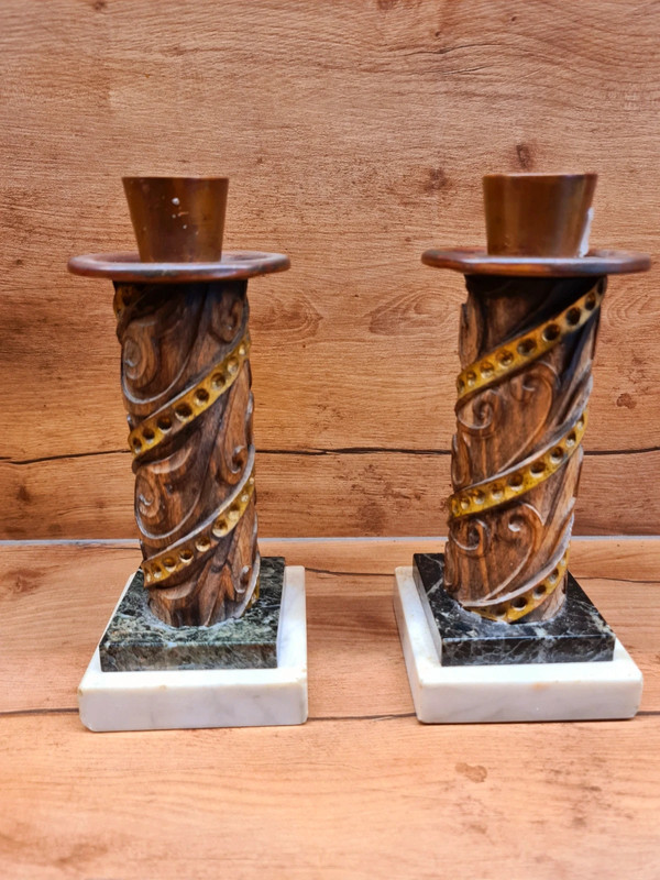 2x Vintage kandelaars marmer/hout