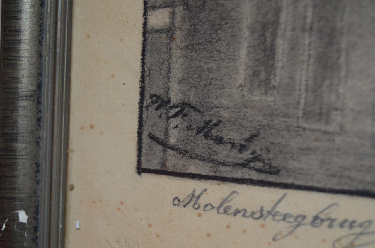 Ets of houtskool Molensteegbrug in Leiden