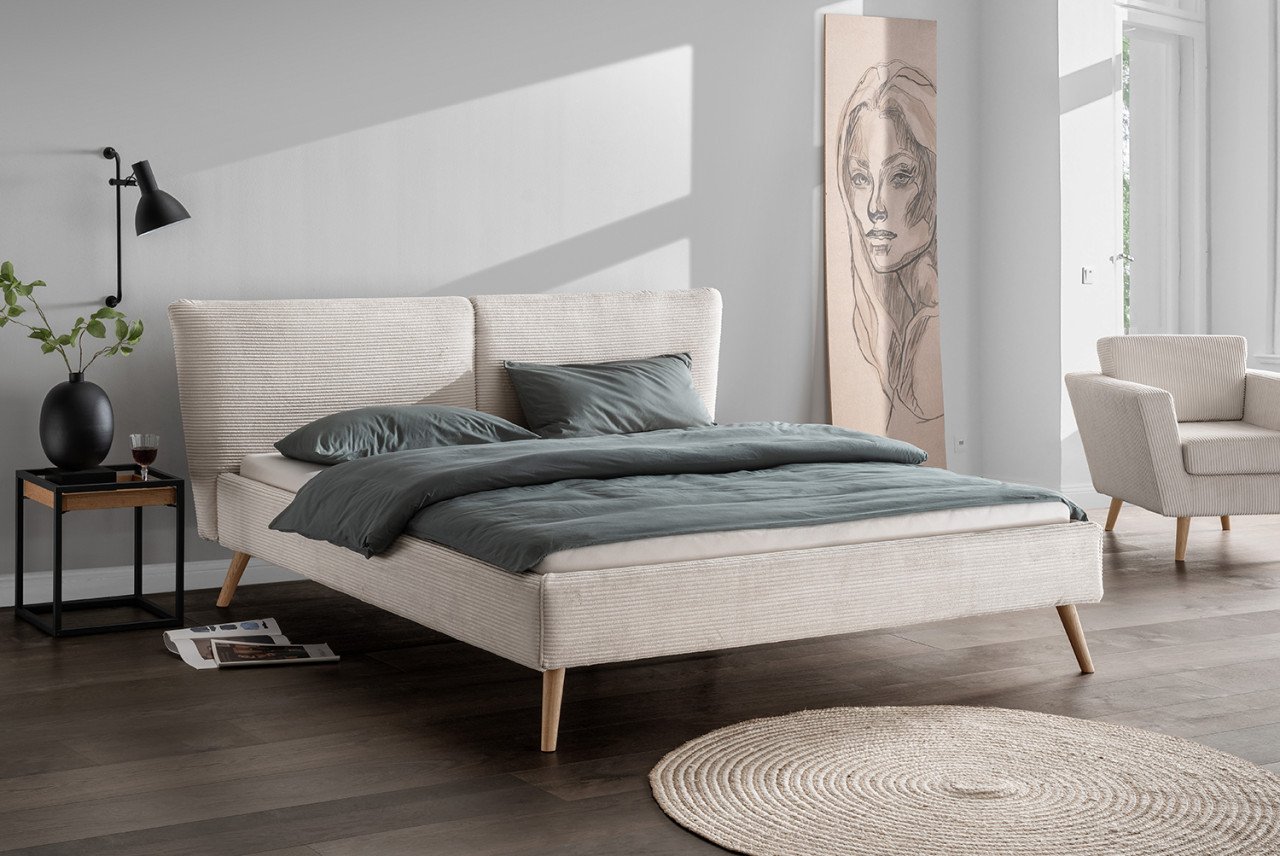 Tweepersoonsbed gestoffeerd met rib fluweel. Korte levertijd