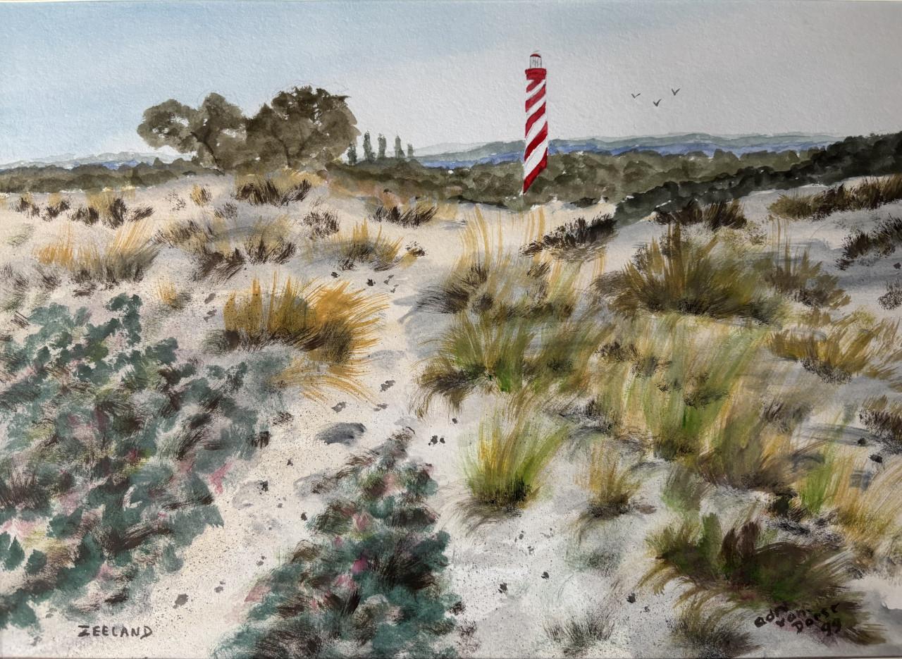 Aquarel Vuurtoren van Haamstede Zeeland door Adri van Dorst