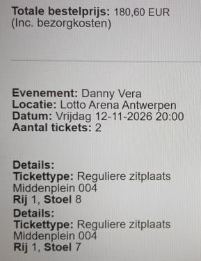 RIJ 1!!! DUS VOORAAN!!! 2 X DANNY VERA concertkaartjes in antwerpen
