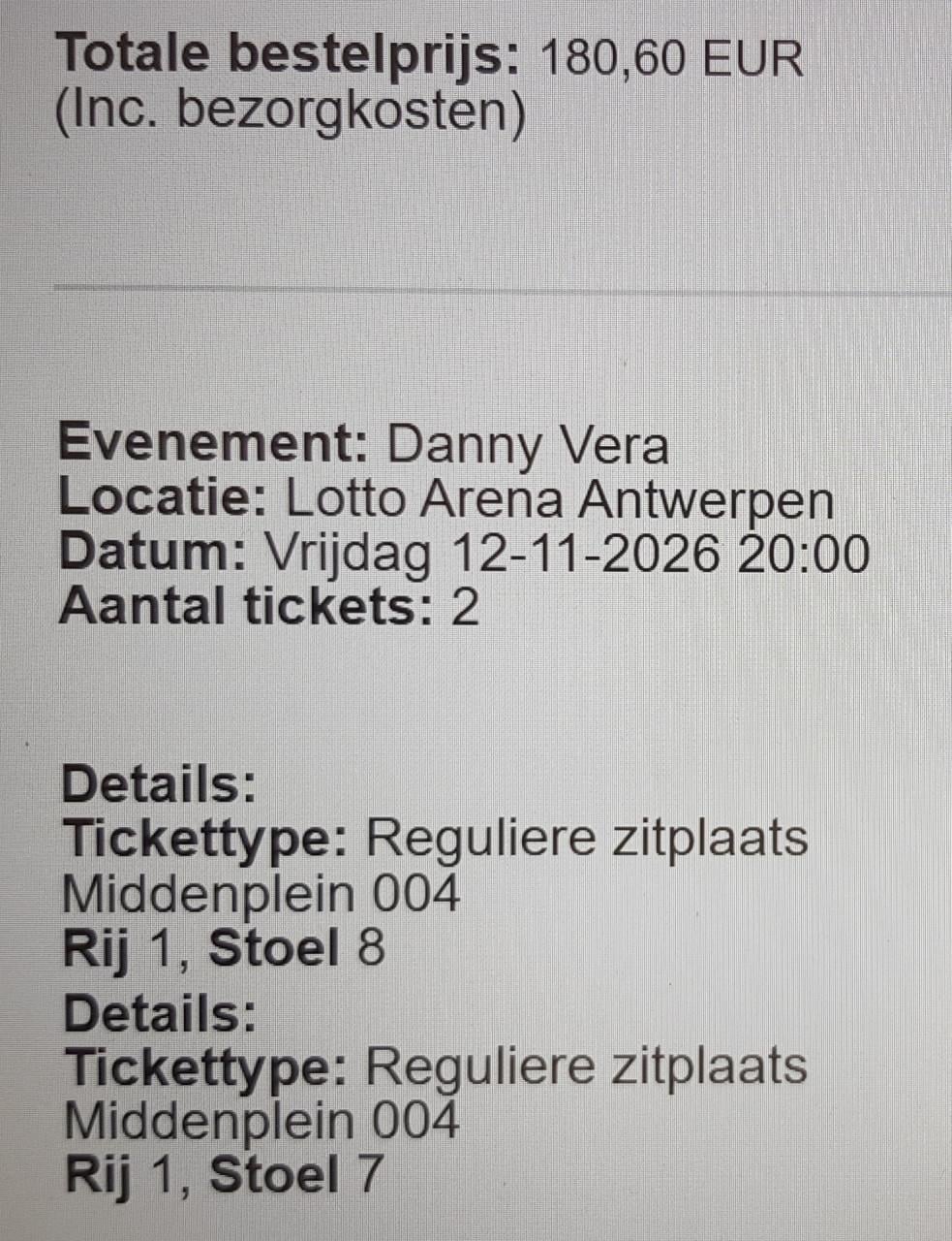 RIJ 1!!! DUS VOORAAN!!! 2 X DANNY VERA concertkaartjes in antwerpen