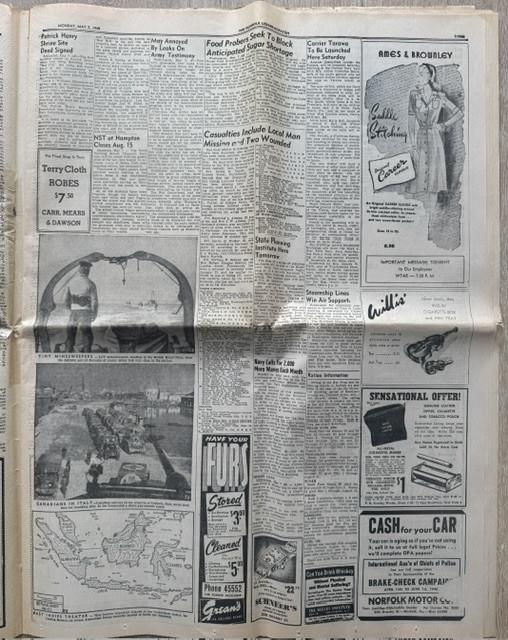 Krant “Norfolk Ledger-Dispatch” van 7 mei 1945, einde tweede wereldoorlog