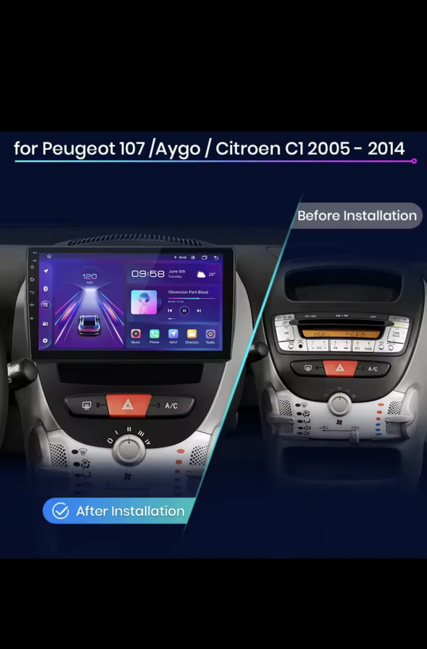 Navigatie CarPlay Citroën C1, Toyota Aygo, Peugeot 107