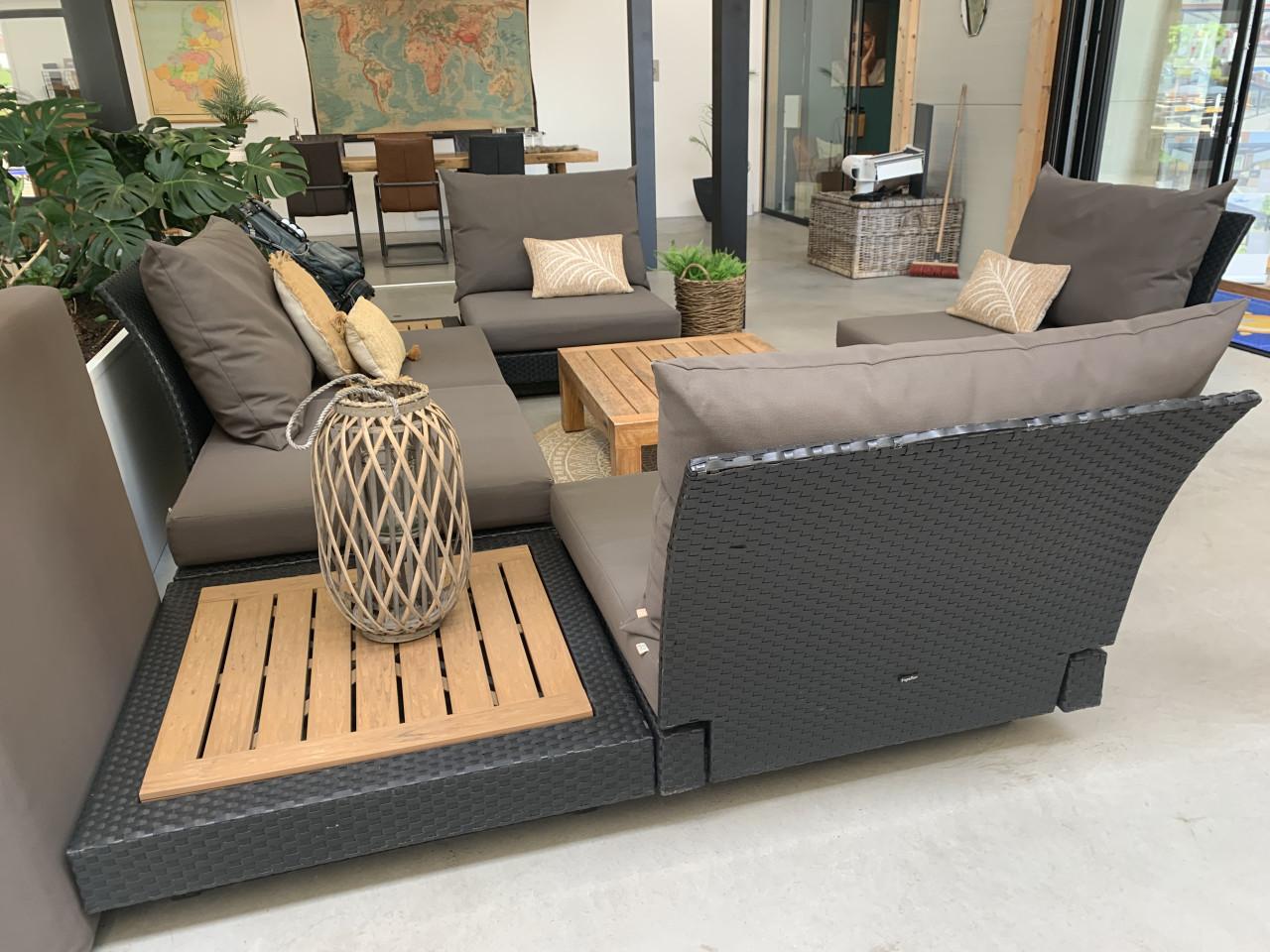 Loungeset zwart met ALL WEATHER kussens en 3 tafels.