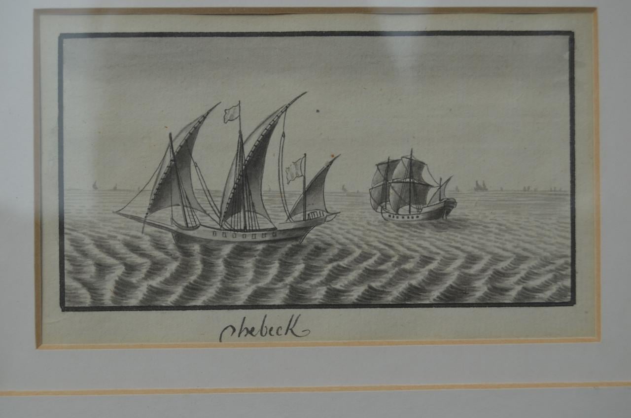 Mooie monochroom aquarel van een Chebeck / Xebec