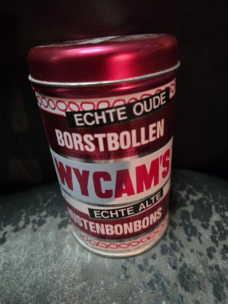 Blik van de bekende Belgische Wycam's Borstbollen, Leeg H11.5 cm Ø7cm