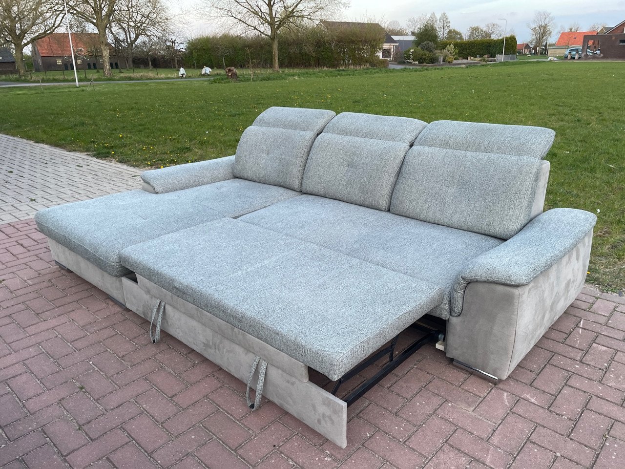 GRATIS LEVERING HEEL NL Moderne Grijs Stoffen Hoekbank + Slaapfunctie
