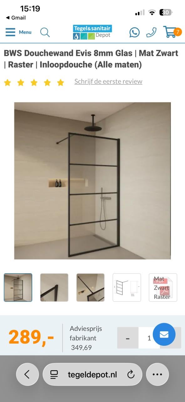 Nieuw in doos: Glazen douchewand 200 * 120