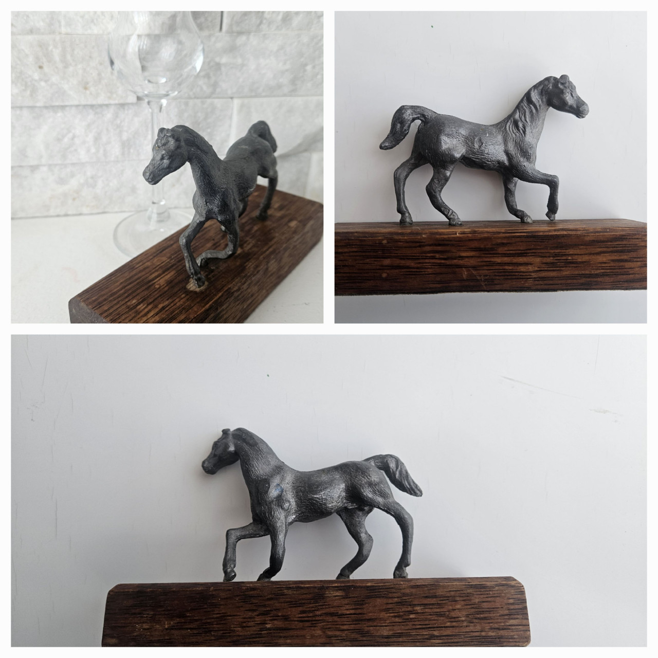 Vintage tinnen paard beeld op houten voet