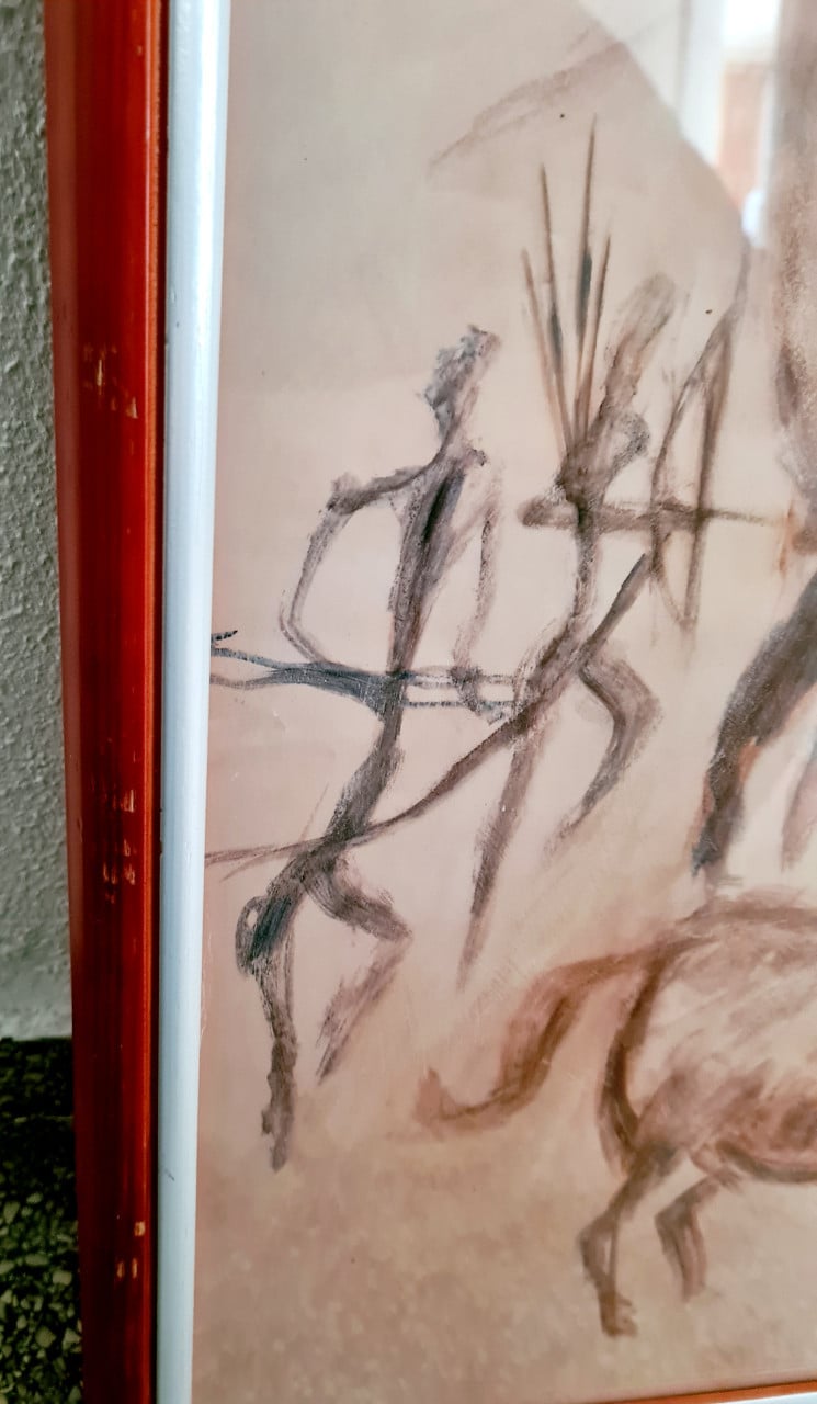 Poster van oerossen en paarden in grote houten schilderijlijst, 75x55 cm